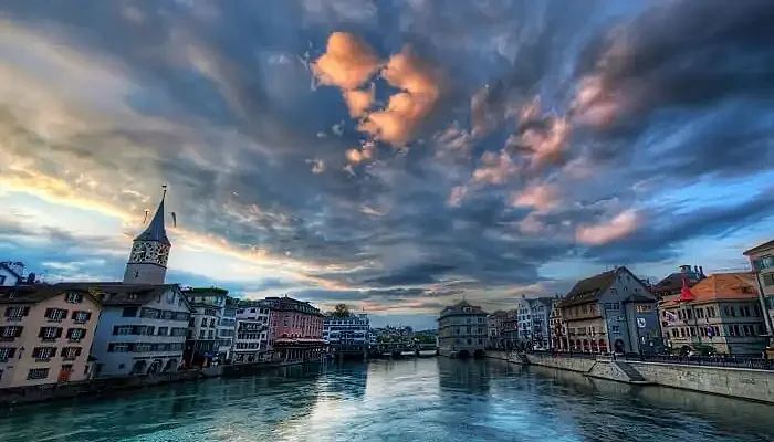 An evening view of Zurich